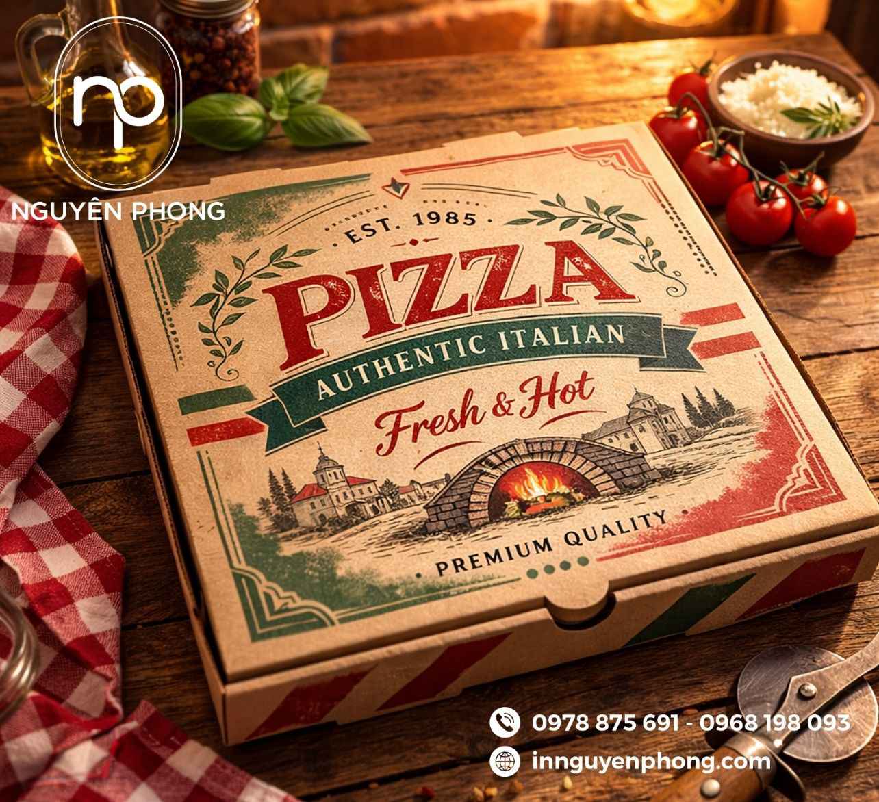 Mẫu in hộp bánh pizza thiết kế 